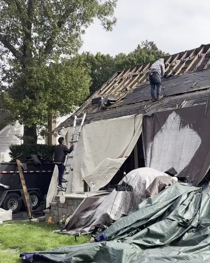 Crew tearing off the old roof down to the rafters on the same brick cape; a crew member climbs a ladder at the left while others work on the roof, tarps below.